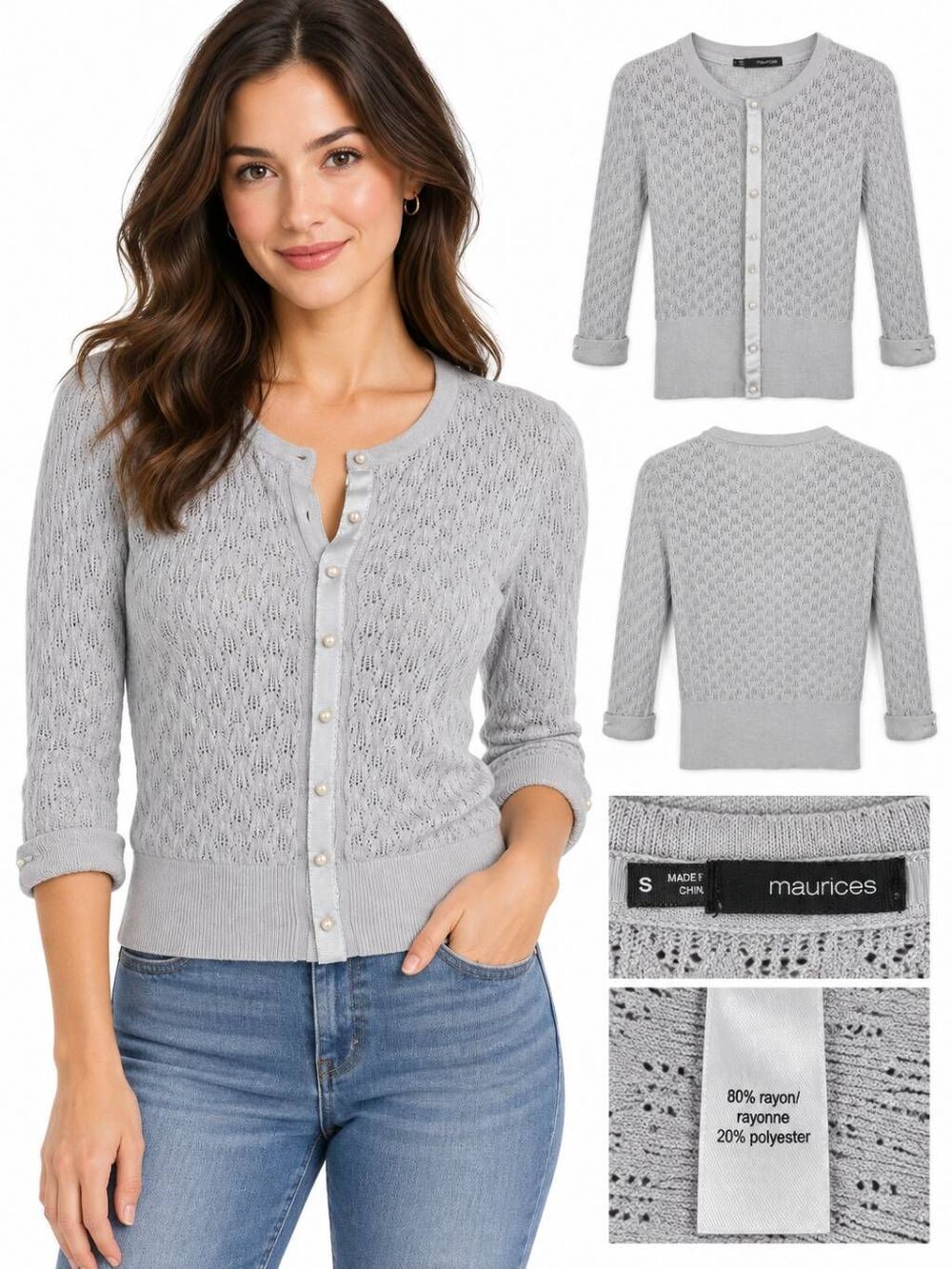 Maurices S Gray Pointelle Knit Pearl Button Cardigan